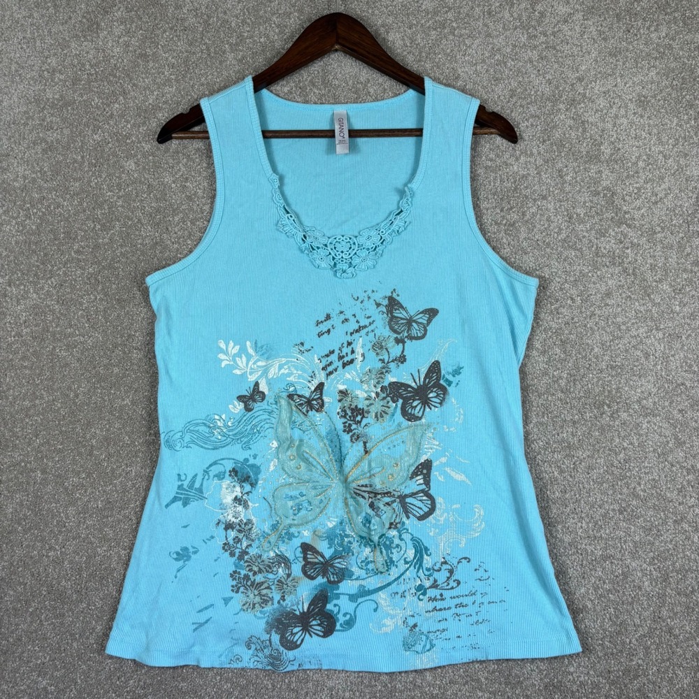Gitano Womens Blue Ribbed Butterfly Graphic Tank Top Crochet Lace Size 18/20